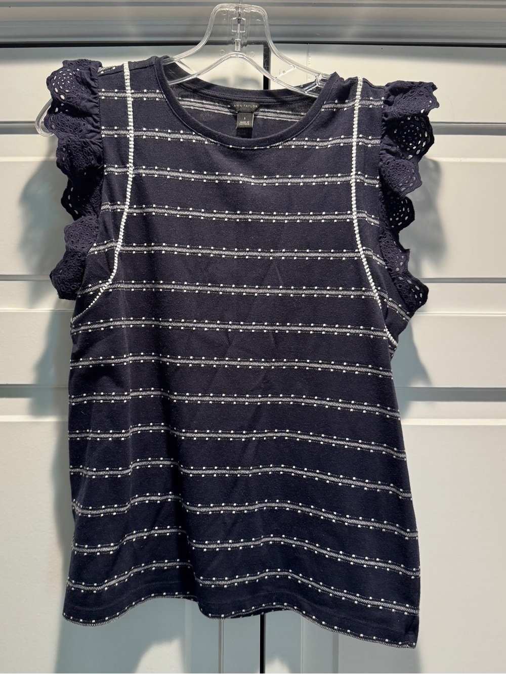 Ann Taylor Navy Striped Eyelet Flutter Tank